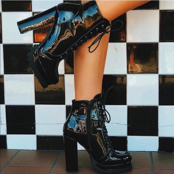 Patent Lug Sole Lace Up Combat Platform Boots - Picture 3 of 16